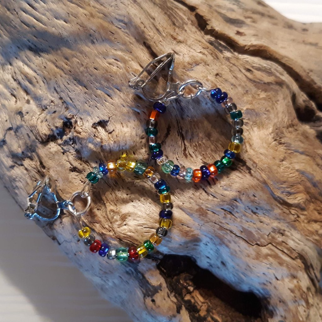 Rainbow Beaded Hoop Clip On Earrings Nonpierced